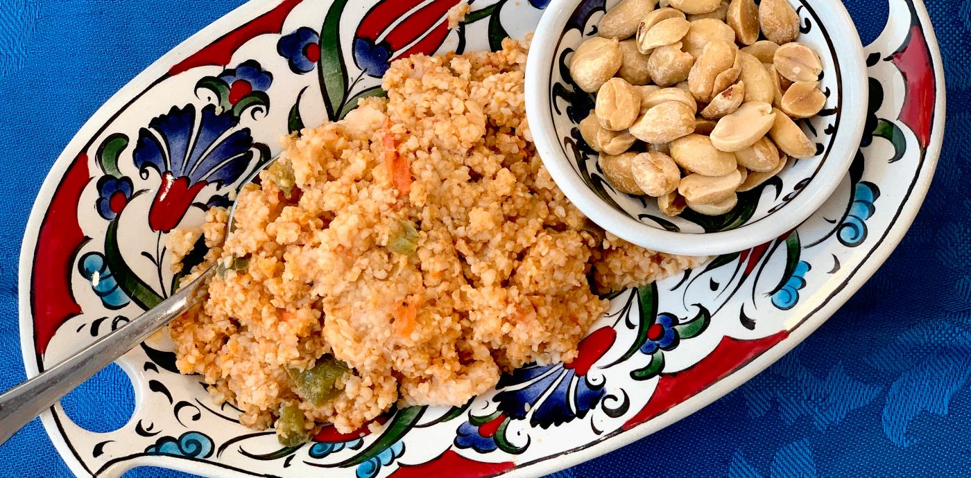 bulgur pilaf in a colorful oval dish