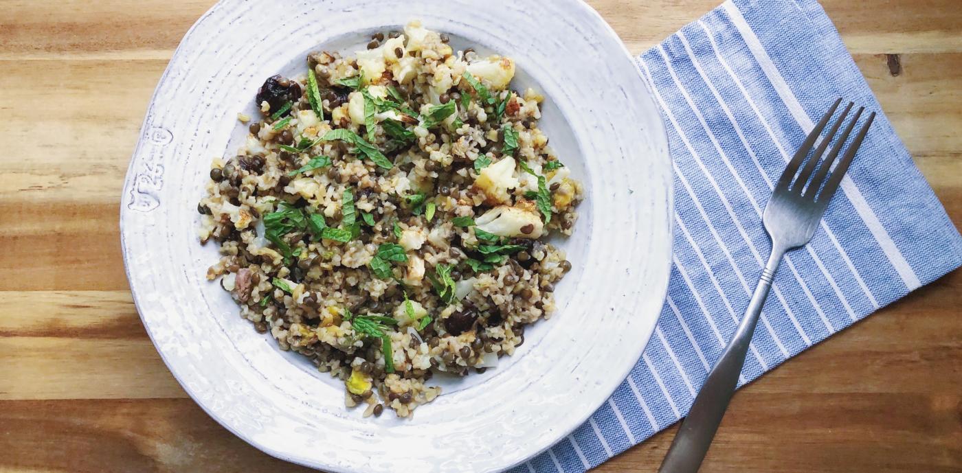 freekeh salad with black lentils and dried cherries
