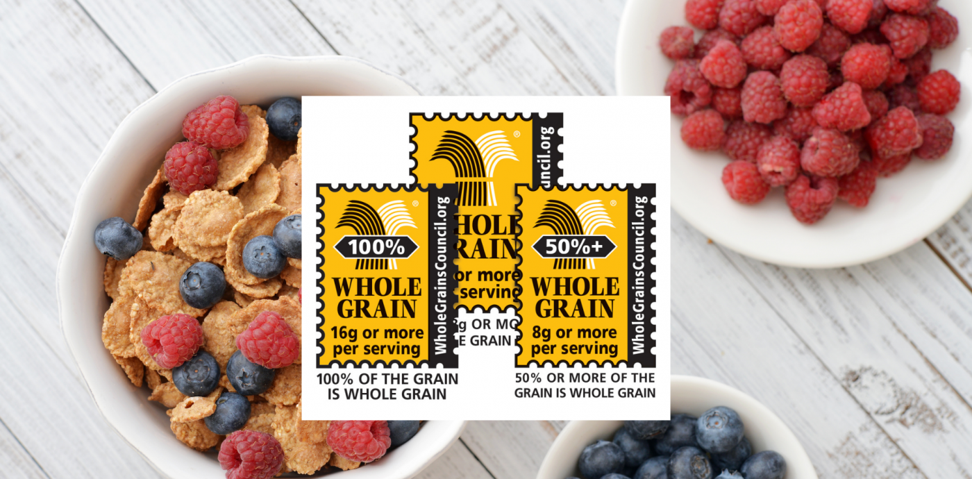 Whole Grain Stamp and bowl of whole grain cereal and berries