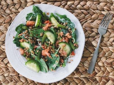salad with rye berries and salmon