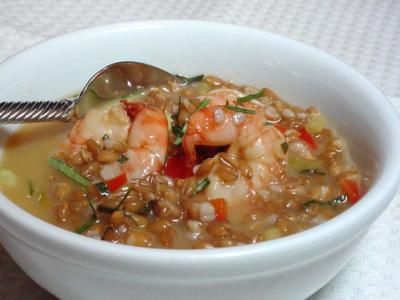 Spelt and Shrimp in Spicy Coconut Broth