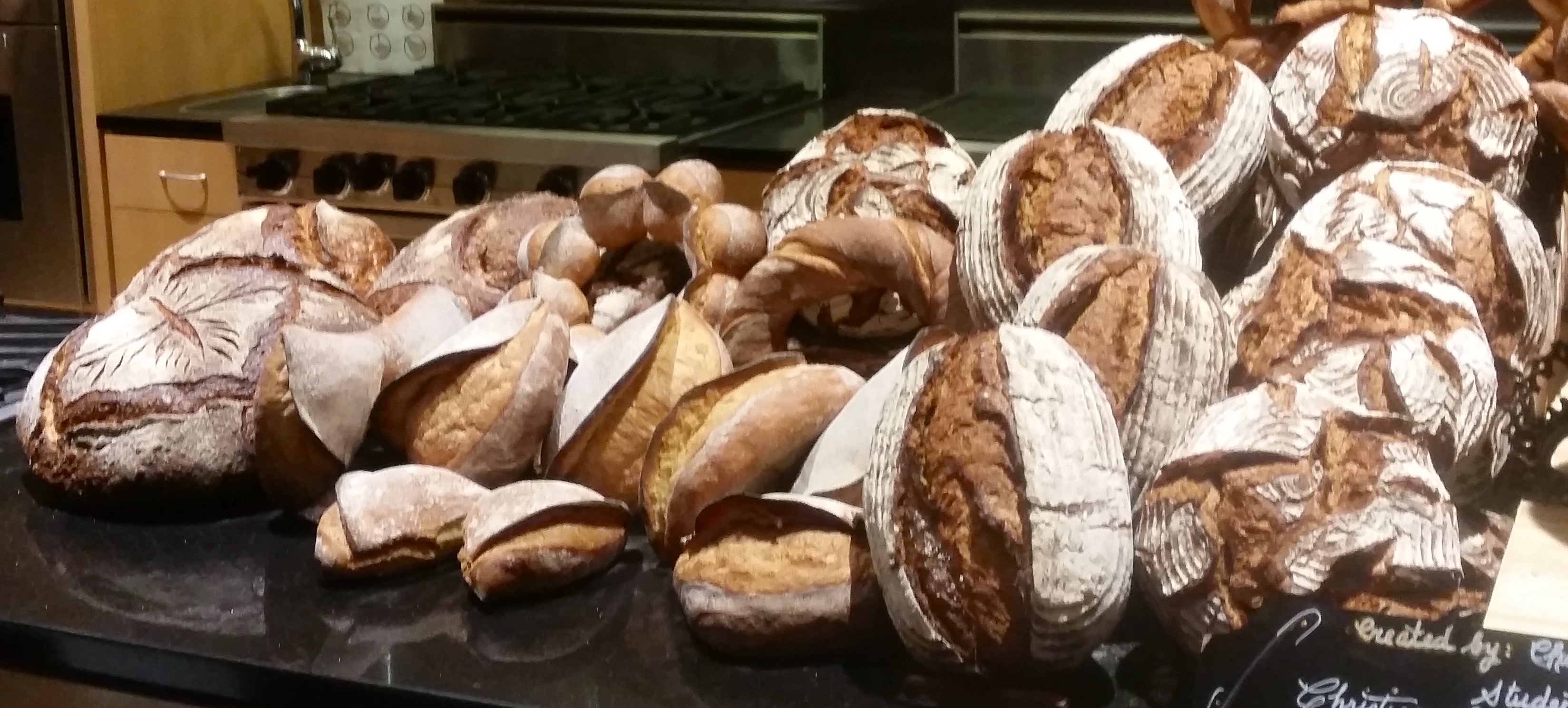 A pile of artisan bread loaves