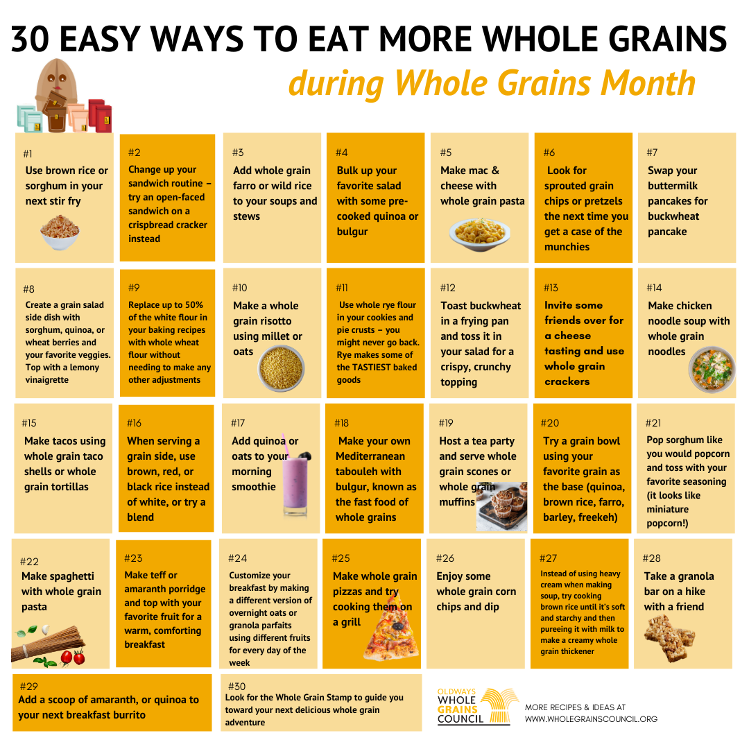 chart showing 30 easy ways to eat whole grains