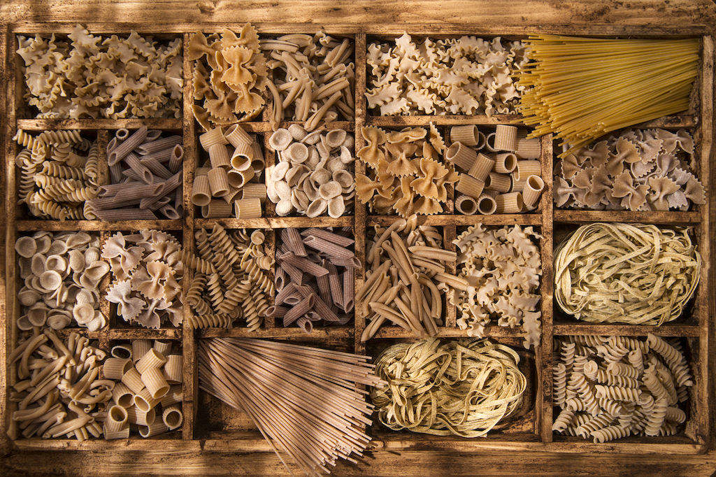 Assorted dry whole grain pastas 