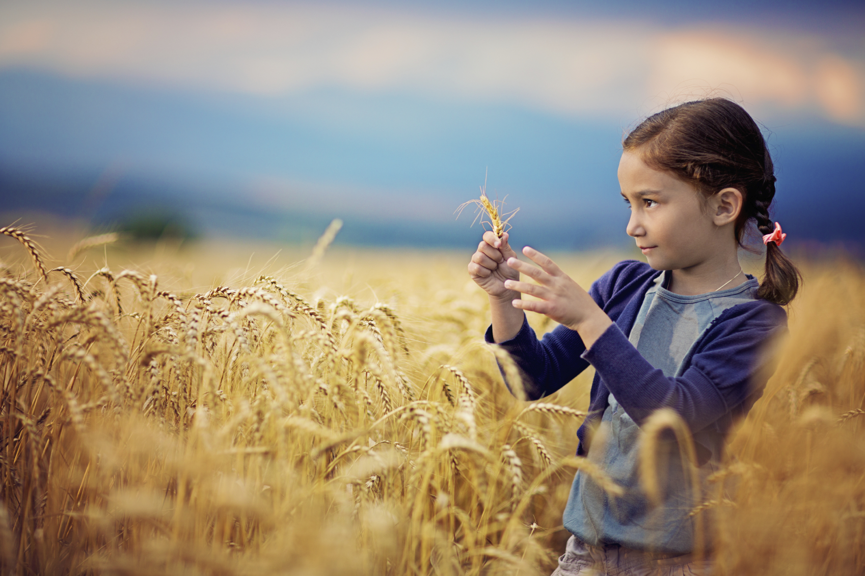 Girl with Pink Ribbon in field of wheat