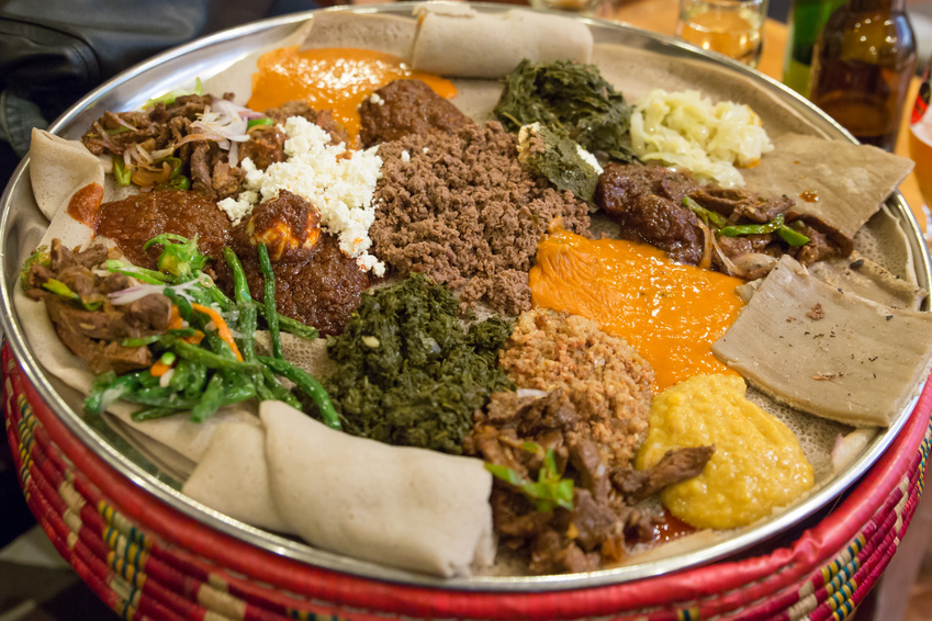 Plate of Injera with stews and sauces