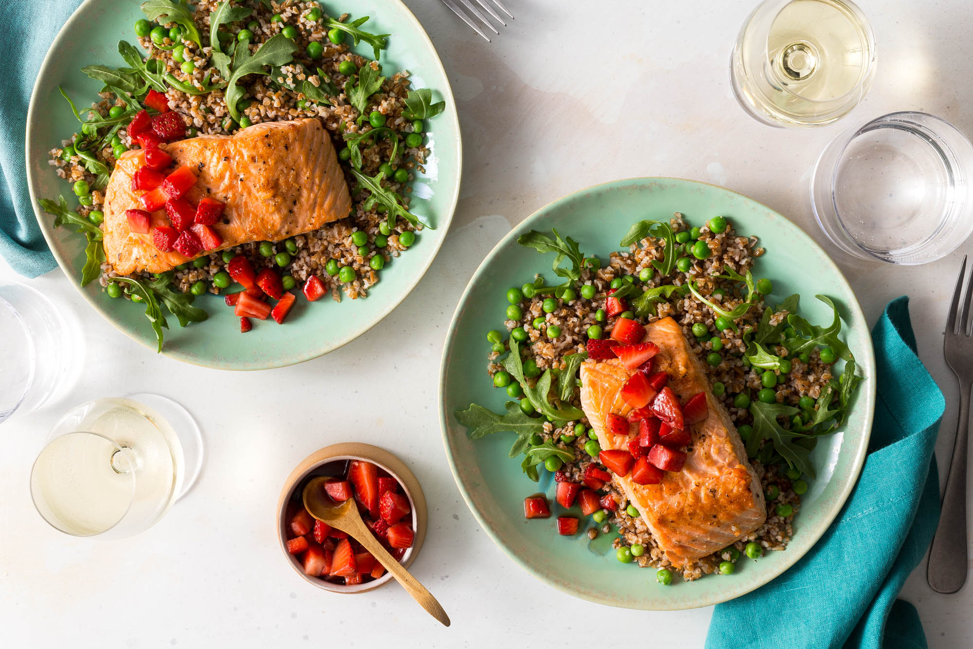 salmon with balsamic strawberries and bulgur-sweet pea salad