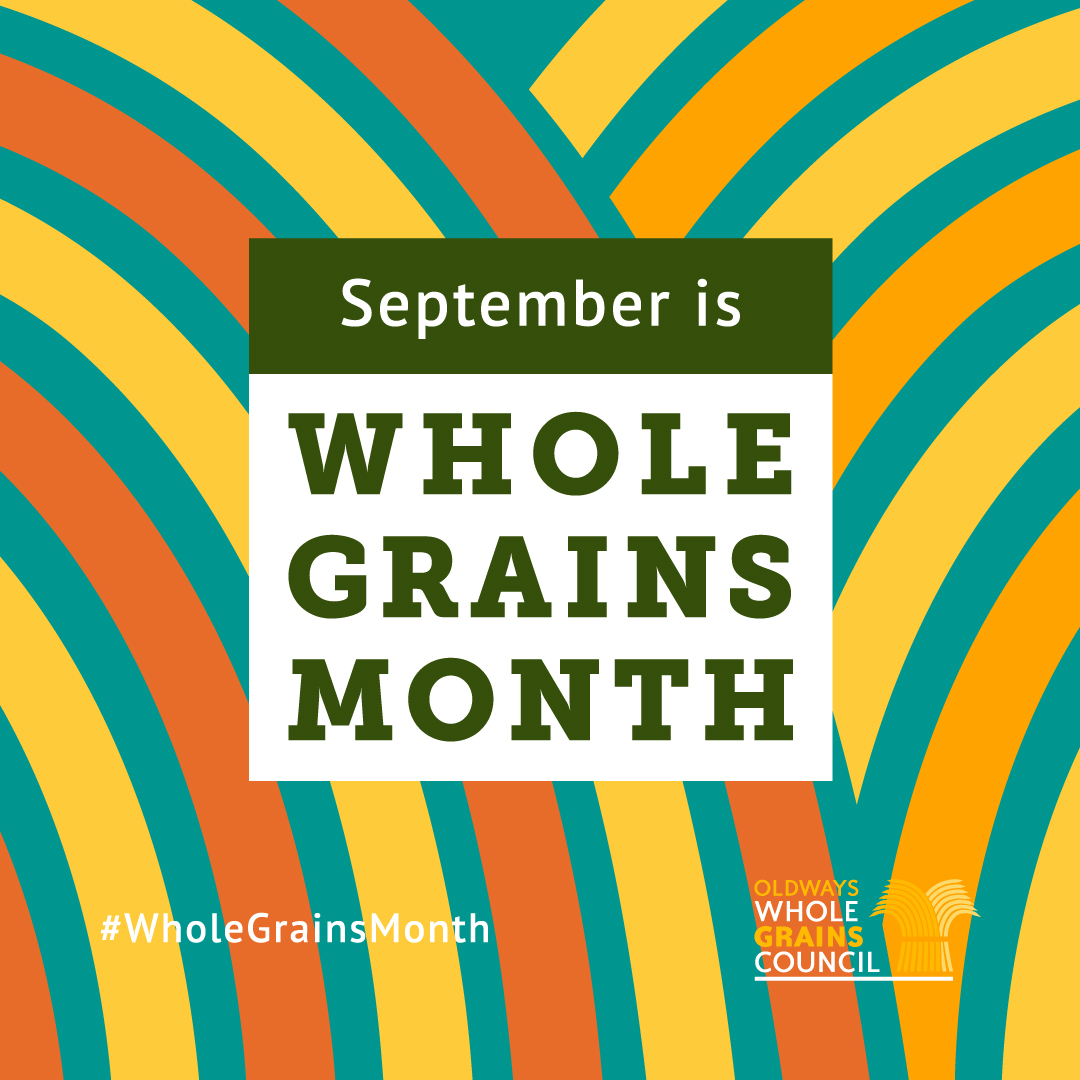 Instagram tile for Whole Grains Month - green, yellow and red