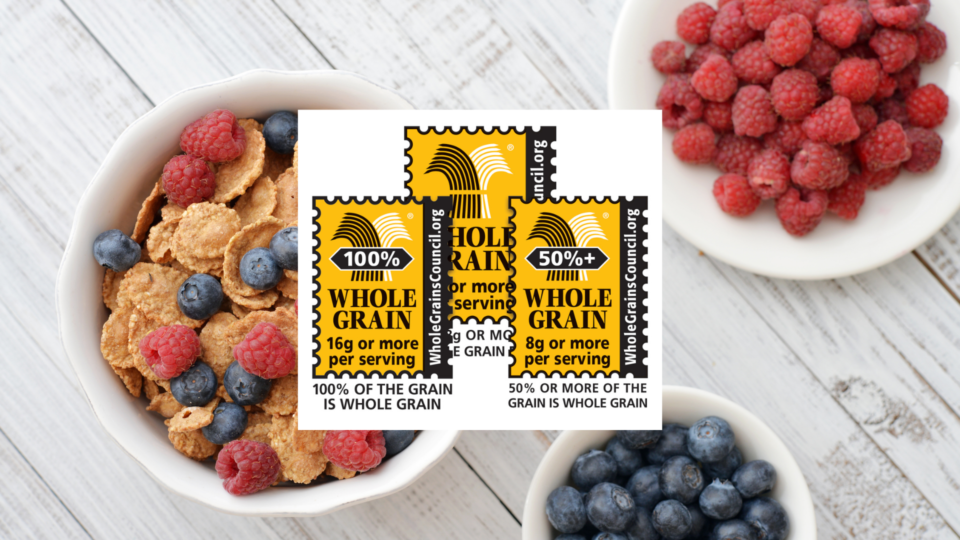 Whole Grain Stamp and bowl of whole grain cereal and berries