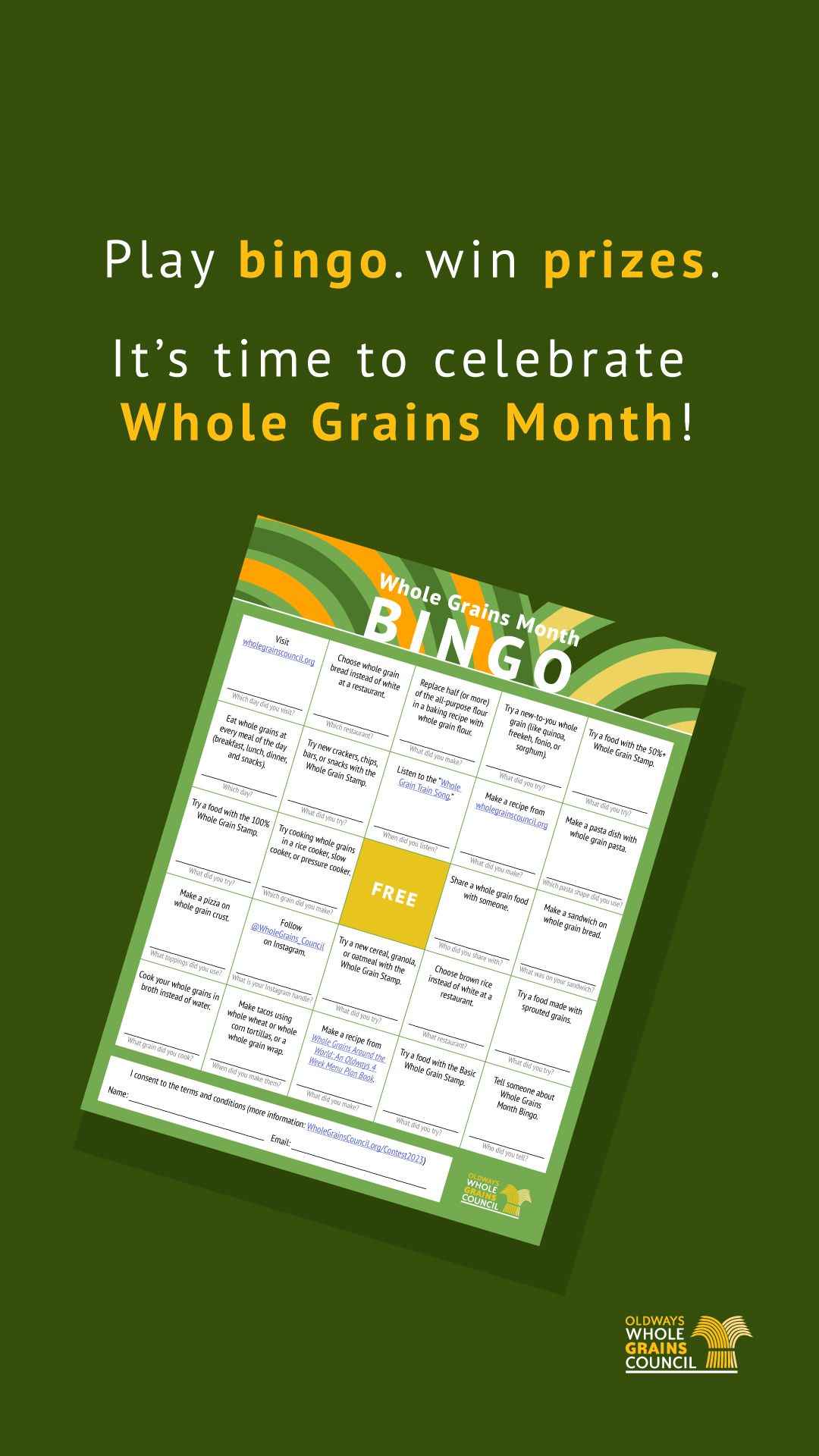Whole Grains Month bingo