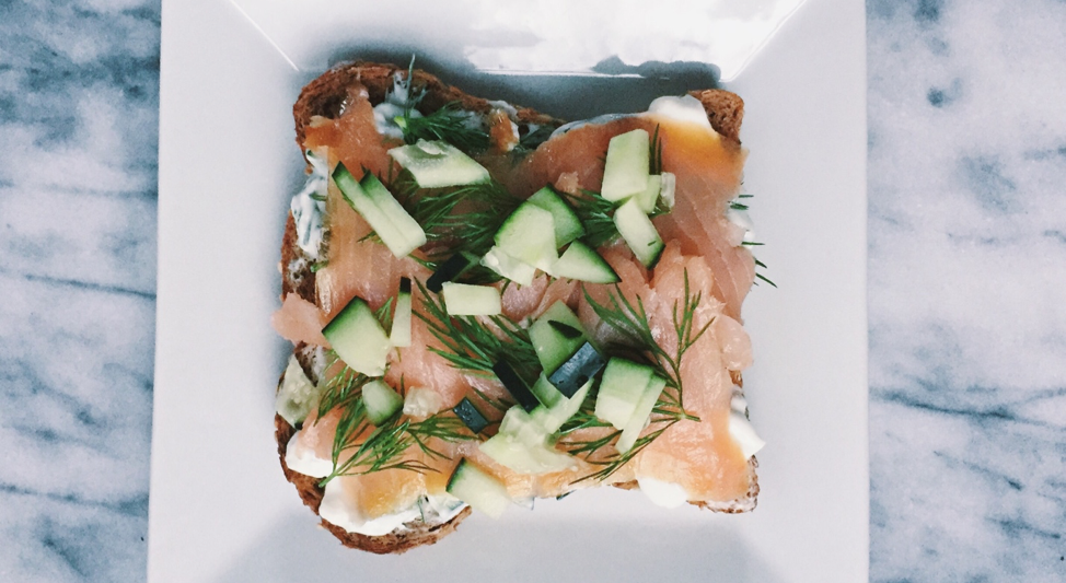 Whole Grain Toast with Yogurt, Dill, Smoked Salmon, & Cucumbers