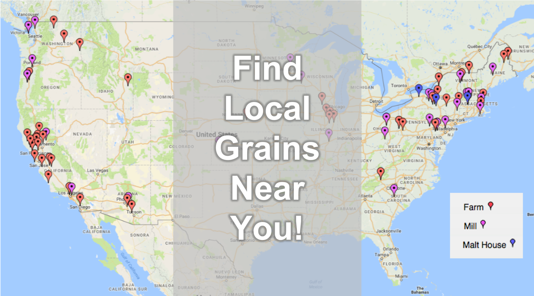 Map of locations of local grain farms, mills, and malt houses