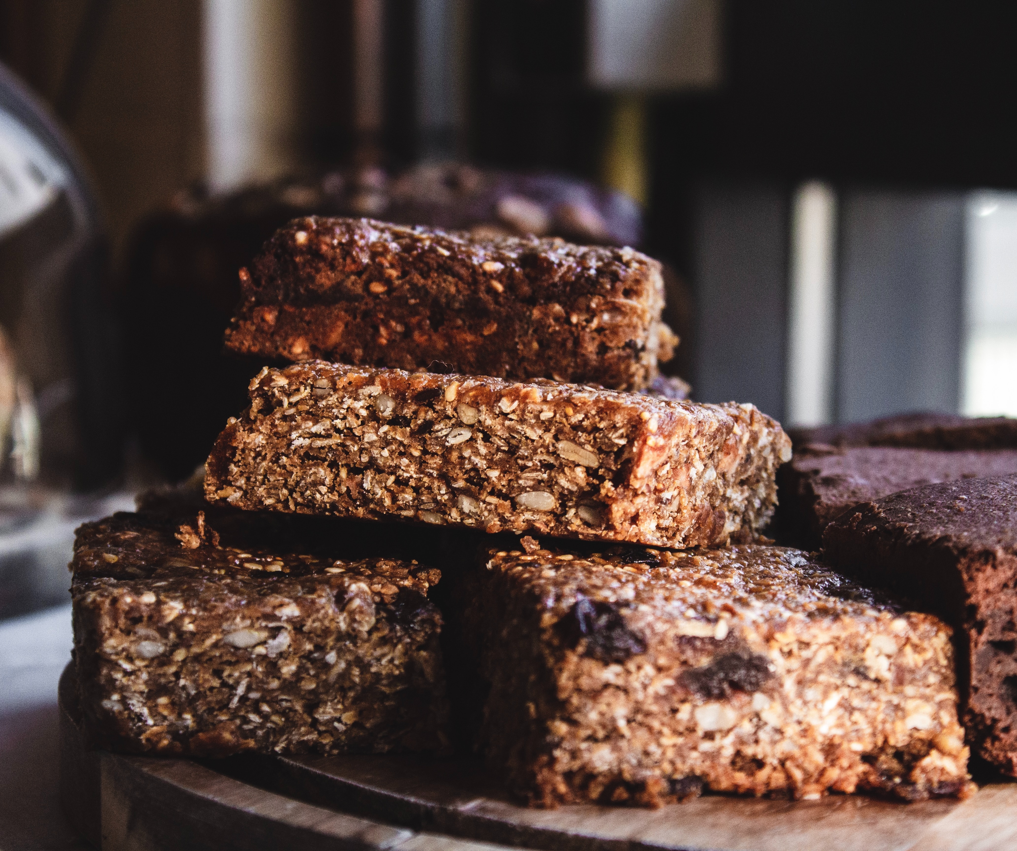 stack of seed and grain dense bread