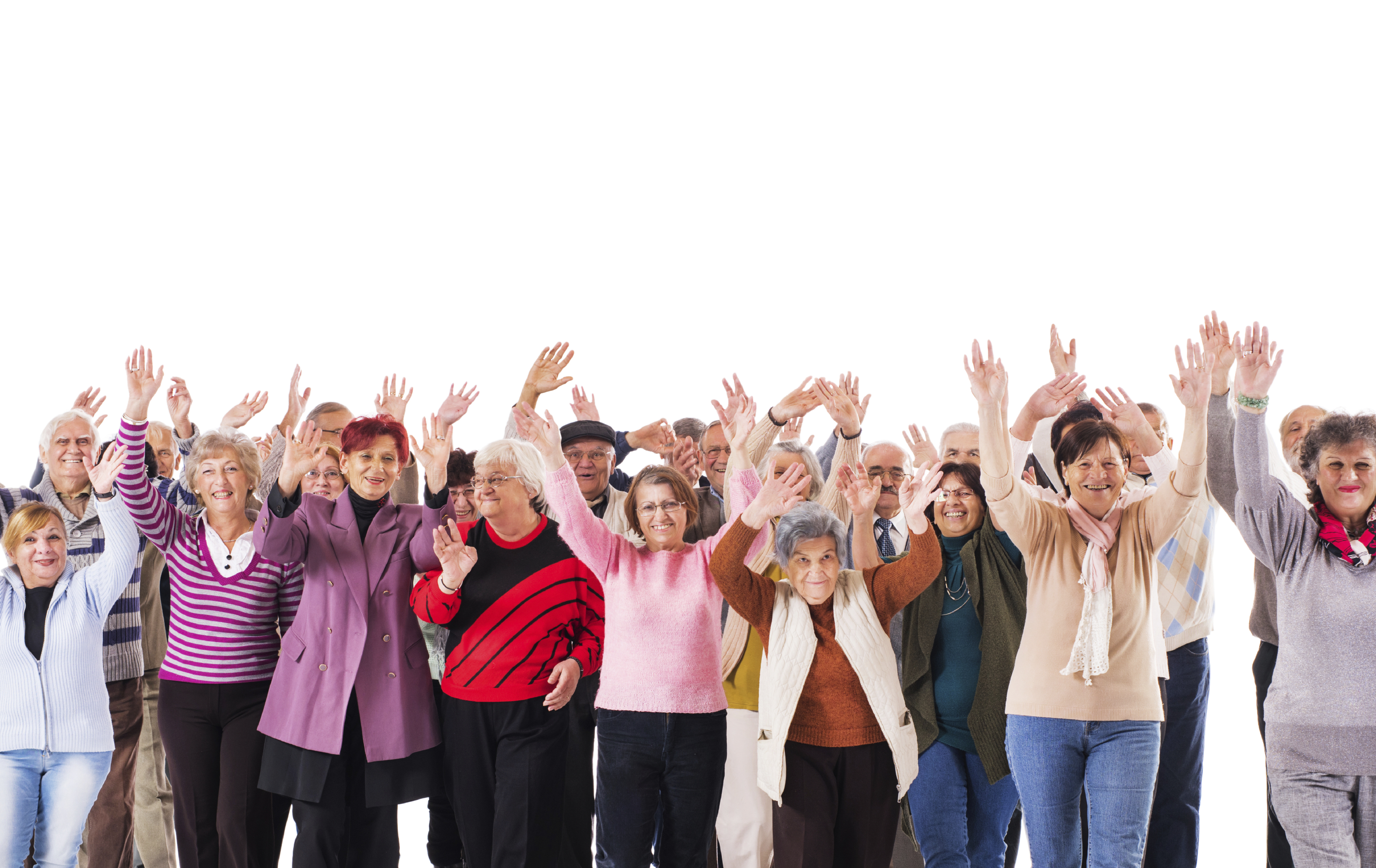 seniors with their arms raised